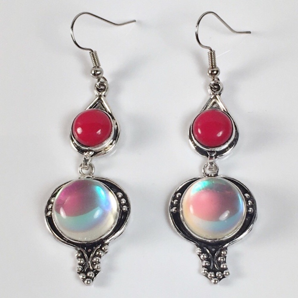 New Sim Rainbow Topaz & Red Coral Hook Silver Earrings